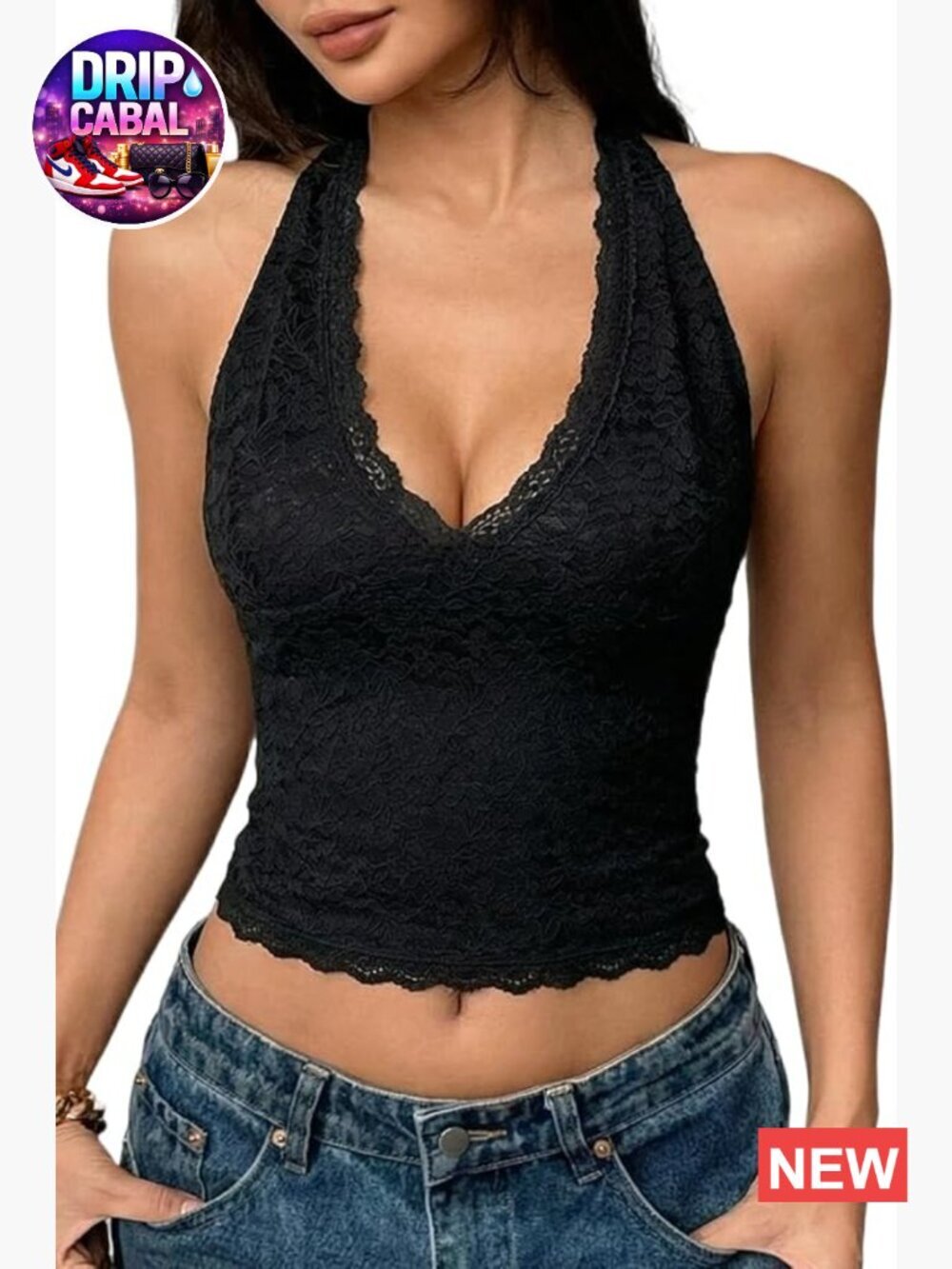 Lace Halter Top V Neck Tie Back Double-Layer Tank Top Sleeveless Slim Fit Going